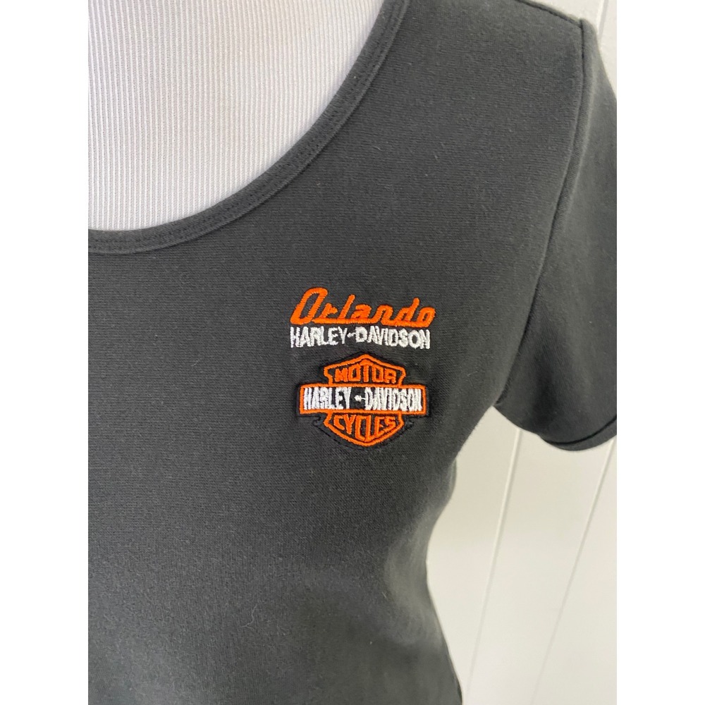 VTG Y2K‎ Harley-Davidson Orlando Black Stretch Scoop Neck T-Shirt Womens L Moto - Picture 5 of 9